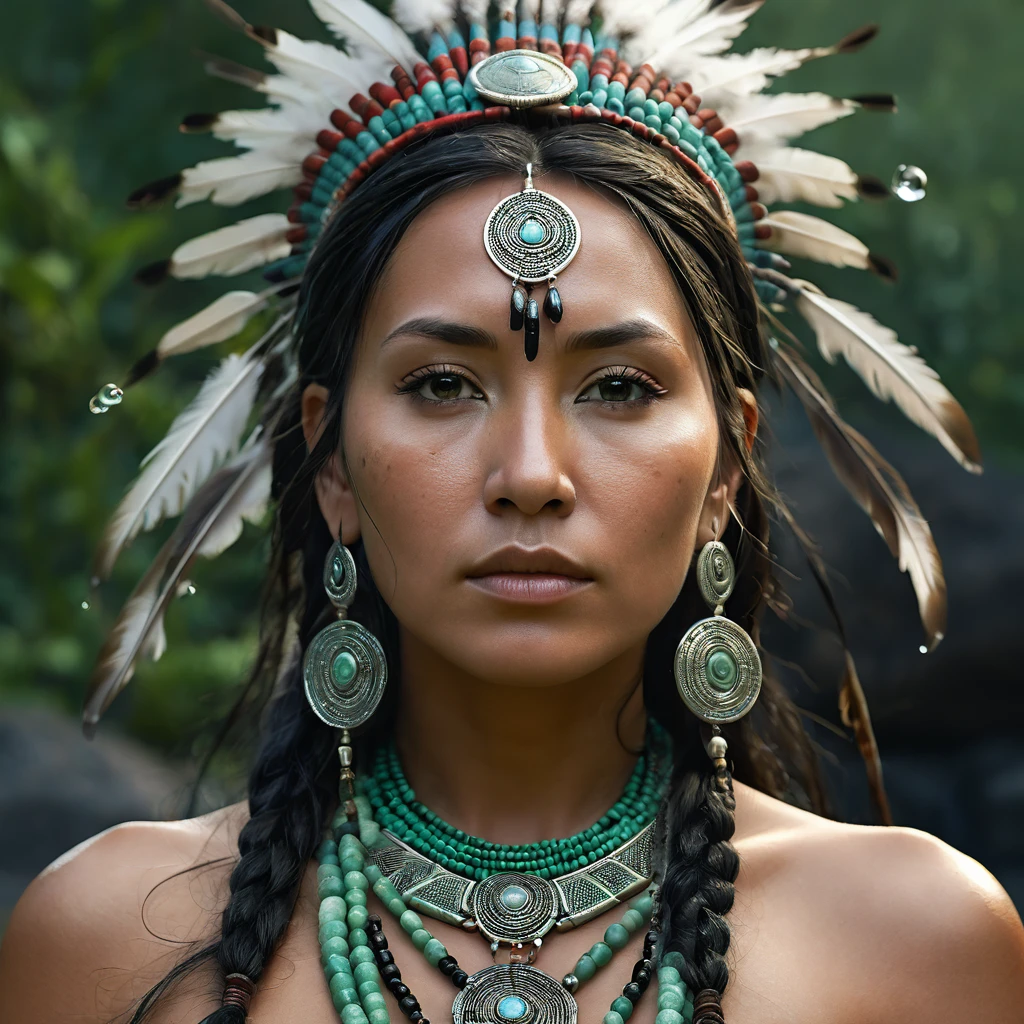 (full portrait), solo, detailed background, detailed face, (stonepunkAI, stone theme:1.1), wise, (female), (native american), (beautiful hair, braids:0.2), shaman, septum piercing, mystical, (gorgeous face), stunning, head tilted upwards, (looking at viewer, serene expression), calm, meditating, Seafoam Green frayed clothes, prayer beads, tribal jewelry, feathers in hair, headdress:0.33, jade, obsidian, detailed clothing, deep cleavage, realistic skin texture, (floating particles, water swirling, embers, ritual, whirlwind, wind:1.2), sharp focus, volumetric lighting, good highlights, good shading, subsurface scattering, intricate, highly detailed, ((cinematic)), dramatic, (highest quality, award winning, masterpiece:1.5), (photorealistic:1.5), (intricate symmetrical warpaint:0.5),