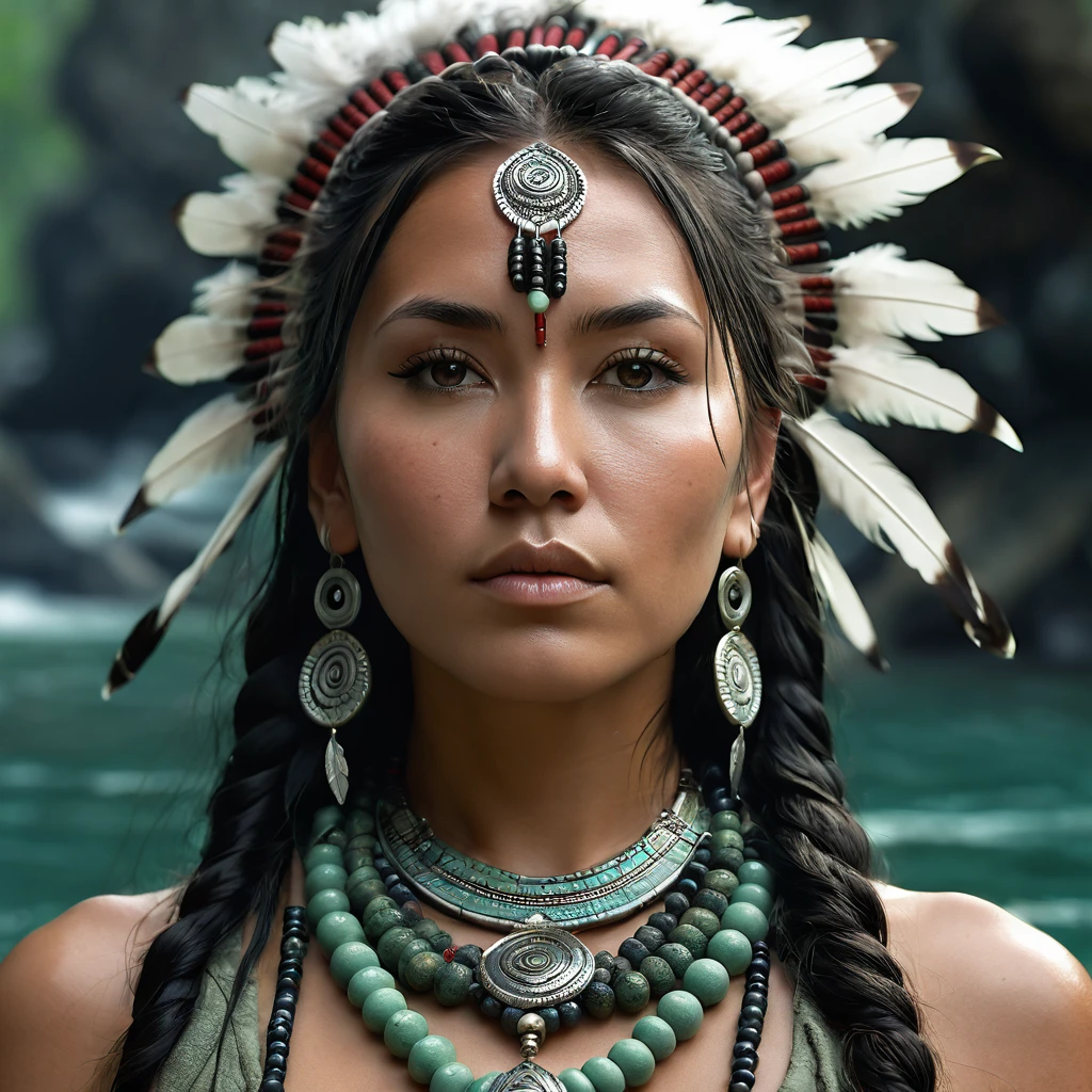 (full portrait), solo, detailed background, detailed face, (stonepunkAI, stone theme:1.1), wise, (female), (native american), (beautiful hair, braids:0.2), shaman, septum piercing, mystical, (gorgeous face), stunning, head tilted upwards, (looking at viewer, serene expression), calm, meditating, Seafoam Green frayed clothes, prayer beads, tribal jewelry, feathers in hair, headdress:0.33, jade, obsidian, detailed clothing, deep , realistic skin texture, (floating particles, water swirling, embers, ritual, whirlwind, wind:1.2), sharp focus, volumetric lighting, good highlights, good shading, subsurface scatteriintricate, highly detailed, ((cinematic)), dramatic, (highest quality, award winning, masterpiece:1.5), (photorealistic:1.5), (intricate symmetrical warpaint:0.5),
