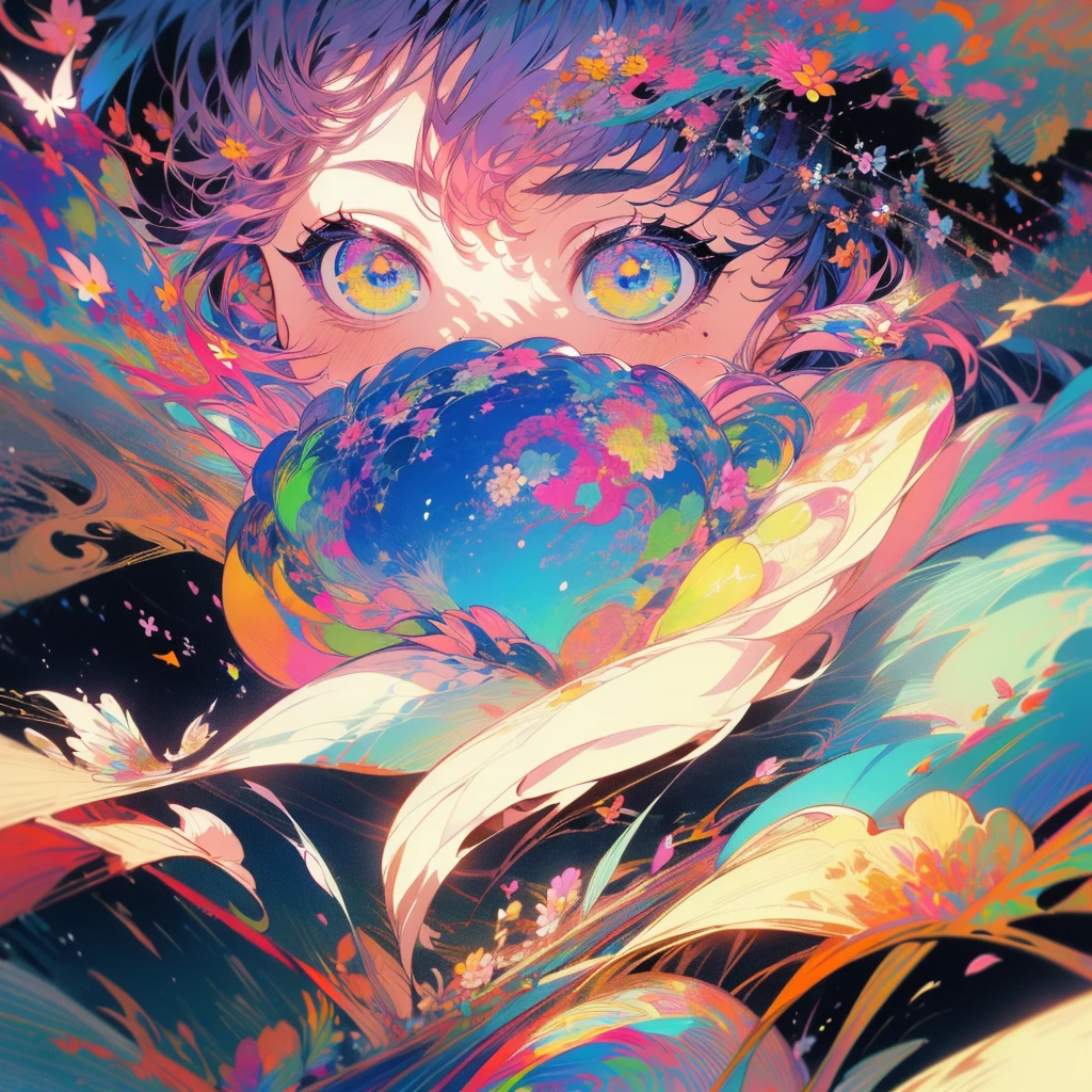 (1 Girl:1.3)、(Colorful Hair:1.2)、カラフルなflower柄の着物を着ている、(masterpiece, Highest quality,Beautiful fine details, Super detailed, :1.2), 8k wallpaper, Elaborate features, , Long Hair, Striped Hair,flower、Fantasy、music、Note、Landscape painting、whole、