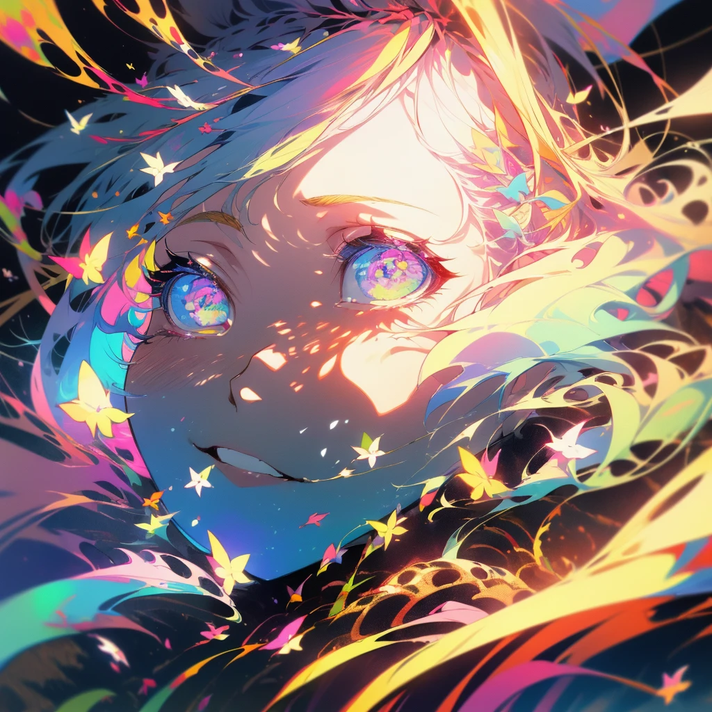 (1 Girl:1.3)、(Colorful Hair:1.2)、カラフルなflower柄の着物を着ている、(masterpiece, Highest quality,Beautiful fine details, Super detailed, :1.2), 8k wallpaper, Elaborate features, , Long Hair, Striped Hair,flower、Fantasy、music、Note、Landscape painting、whole、