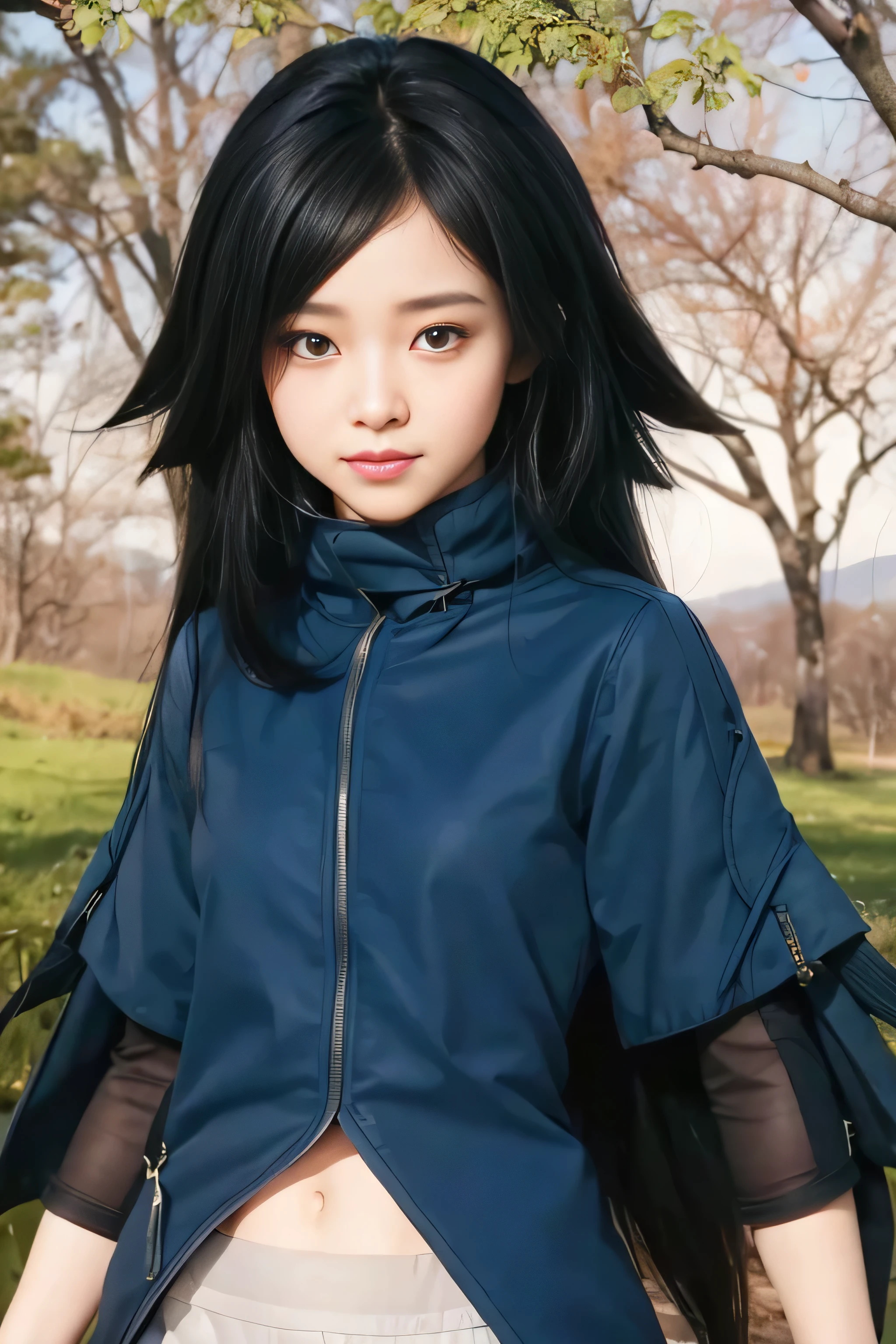 masterpiece, best quality, (realistic,photo-realistic:1.4), (RAW photo:1.2), extremely detailed CG unity 8k wallpaper, delicate and beautiful, amazing,finely detail, official art, absurdres, incredibly absurdres, huge filesize, ultra-detailed,extremely detailed eyes and face,light on face,(little smile),(black hair:1.4),(wearing coat:1.4),(long hair:1.4),nature,(nature background:1.4)