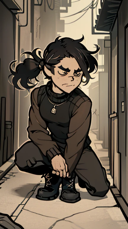 (detailed), (((normal guy))), (Arabic characteristics), ((brown sheepskin jacket)), ((pelo negro rizado ponytail hairstyle)), ((ponytail hairstyle)), (calm face), ((by the width)), ((black high boots)), (((whole body))), ((in a dark alley crouching)), ((male)), (black turtleneck sweater), ((only one person)), (at night)