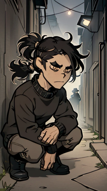 (detailed), (((normal guy))), (Arabic characteristics), ((brown sheepskin jacket)), ((pelo negro rizado ponytail hairstyle)), ((ponytail hairstyle)), (calm face), ((by the width)), ((black high boots)), (((whole body))), ((in a dark alley crouching)), ((male)), (black turtleneck sweater), ((only one person)), (at night)