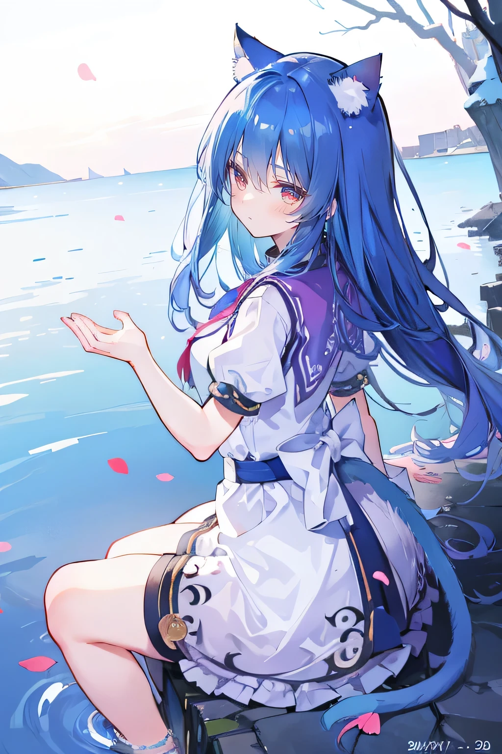 （masterpiece：1.2），Super detailed，lifelike，Expressive eyes，fair skin，perfect face shape，1 girl，
Japanese comics,Gorgeous blue hair,flowing blue hair,flowing clothes,Cat ears,Petals fall,beautiful lola,Baby Angel,
Shaking head with one hand，Cross your legs，Gentle and peaceful background，The pavilion is cool and comfortable,smile,back views,snowing, winter,lie on the water。