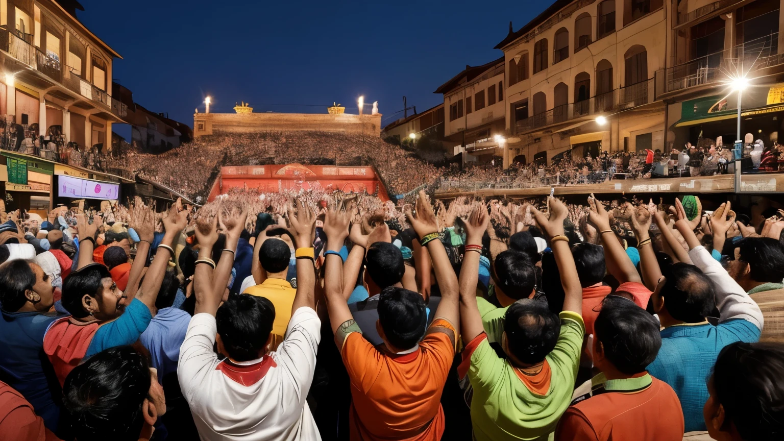 ((best quality)), ((masterpiece)), (detailed), A digital illustration of a crowd of Indian people cheering and holding up their hands in celebration around Indian city