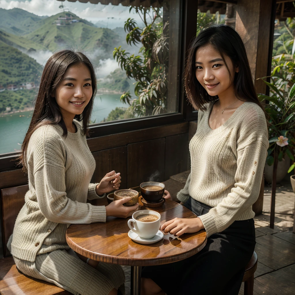 Professional photography of 5 woman young asian. Wearing sweater a picture of a balinese mask. Chatting a little smiling, sitting in an open cafe at the top of the mountain, on the table there was 1 cup of black coffe. With a view of the misty lake, the photo was taken with a vivo cellphone camera