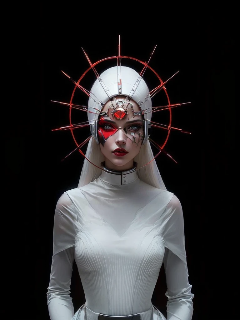 arafed woman in a white dress with a red nose and a red nose, with a red halo over her head, futuristic look, inspired by Ignacy Witkiewicz, biblical female android, intricate cyberpunk make - up, fashionable futuristic woman, futuristic fashion, cyborg fashion model, white cyborg fashion shot, gothic and futuristic, wearing futuristic, orthodox cyberpunk