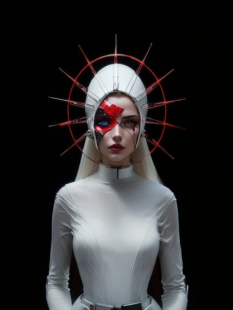 arafed woman in a white dress with a red nose and a red nose, with a red halo over her head, futuristic look, inspired by Ignacy Witkiewicz, biblical female android, intricate cyberpunk make - up, fashionable futuristic woman, futuristic fashion, cyborg fashion model, white cyborg fashion shot, gothic and futuristic, wearing futuristic, orthodox cyberpunk