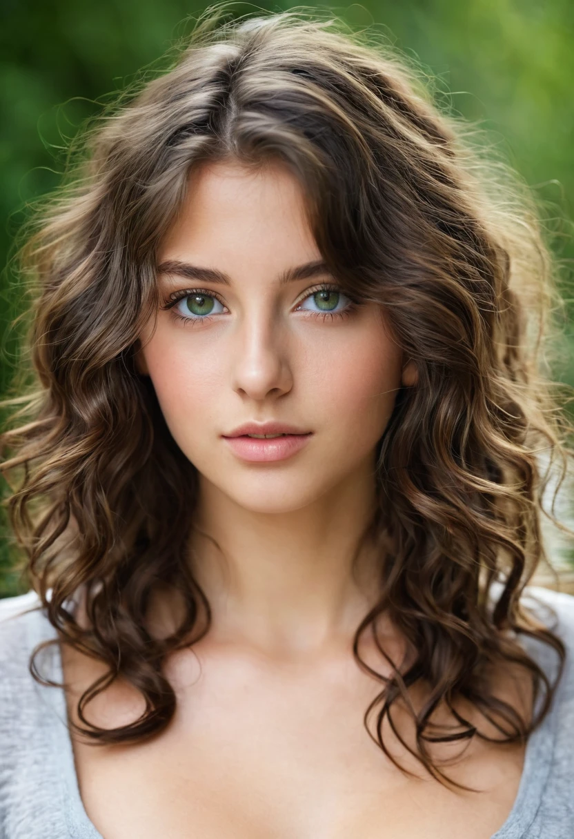 Pretty beautiful brunette, Low cut, very detailed, 18 ans, visage innocent, naturally wavy hair, yeux verts, high resolution, Boss of'ouvrages d'art, best quality, intricate details, very detailed, mise au point nette, detailed skin, texture de peau realistic, texture, detailed eyes, professionnel, 4K, charming smile, prise avec Canon, 85 millimeters, slight depth of field, kodak vision color, corps parfaitement ajusté, extremely detailed, Photograph_\(ultra\), photographiquerealistic, realistic, Post-traitement, maximum details, roughness, real life, ultrarealistic, photorealism, photographie, 8k uh, photographie