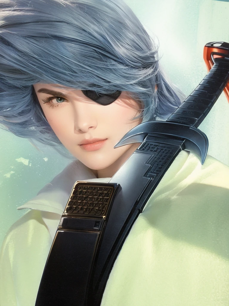 character of'anime with sword and bird on the head in front of the sky, Masamune Shiro, masamune, Zhao Yun, Swordsman, with a big sword, ninja scroll anime style, animated ninja scroll, inspired by Urakusai Nagahide, Masayoshi Suto et Art Germ, Yoshitaka Amano, son of Sparda