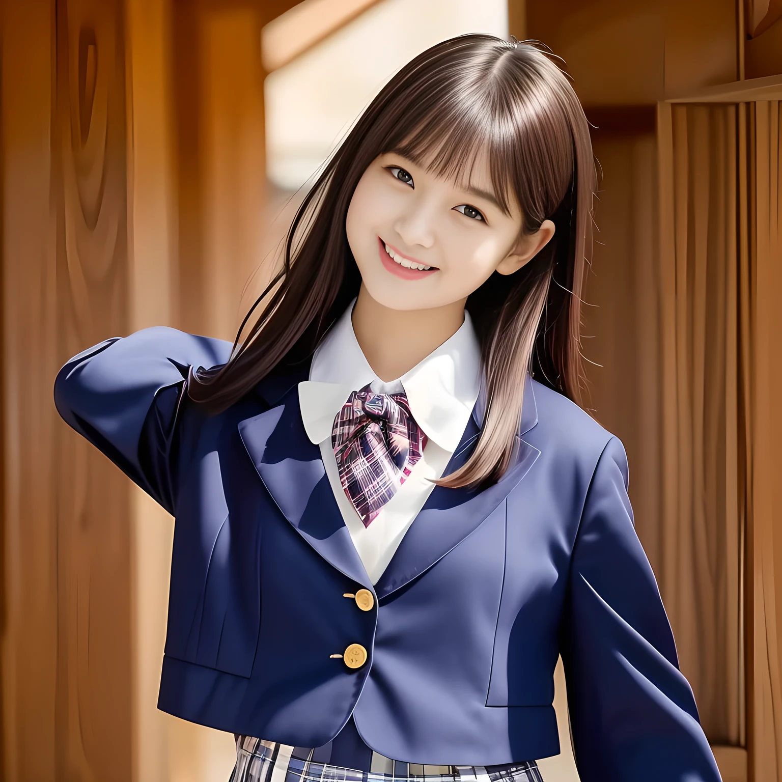 (Highest quality, masterpiece:1.2), Highest quality, High resolution, 1080P, 8k, height: 158cm, ((A noble, graceful and intelligent girl who looks like a best fat proportion Japanese young lady is turning around and giggling in a strong wind)), ((So sweet, very noble, neat, and pretty Japanese beautiful cute girl)), ((A real, very girly, sweet, cute and noble girl)), ((((A 14yo beautiful Japanese cute fashion model)))), ((((Very pure white face and limbs)))), Glossy Lips, (Evenly cut bangs), ((Very beautiful, droopy, cute, pure, noble brown eyes)), ((Super long, 130cm black straight hair)), (Very shiny, glossy Lips), ((Beautiful straight hair like a school promotion model)), Watch at you, ((Incredibly well organized, Rich facial expressions)), ((Plump and beautiful white skin and face)), ((Pure, clear, gentle brown eyes)), ((staring at me)), Glossy Lips, ((noble and elegant)), Very beautiful tartan checkered blue skirt, ((Large upward-curving lips)), White Hand, ((((Navy Japanese school blazer with noble golden emblem)))), ((Navy and sapphire blue Japanese school uniform)), ((Light-blue tartan check pattern pleated long skirt)), ((Plain garnet chest ribbon)), ((((An ecstatic expression of boundless joy)))), ((plain white background: 1.0)), ((perfect fat body)), (((hair beauty magazine for young girls))), (Double eyelids, graceful noble eyes and faces with well balanced and carefully detailed:1.6)
