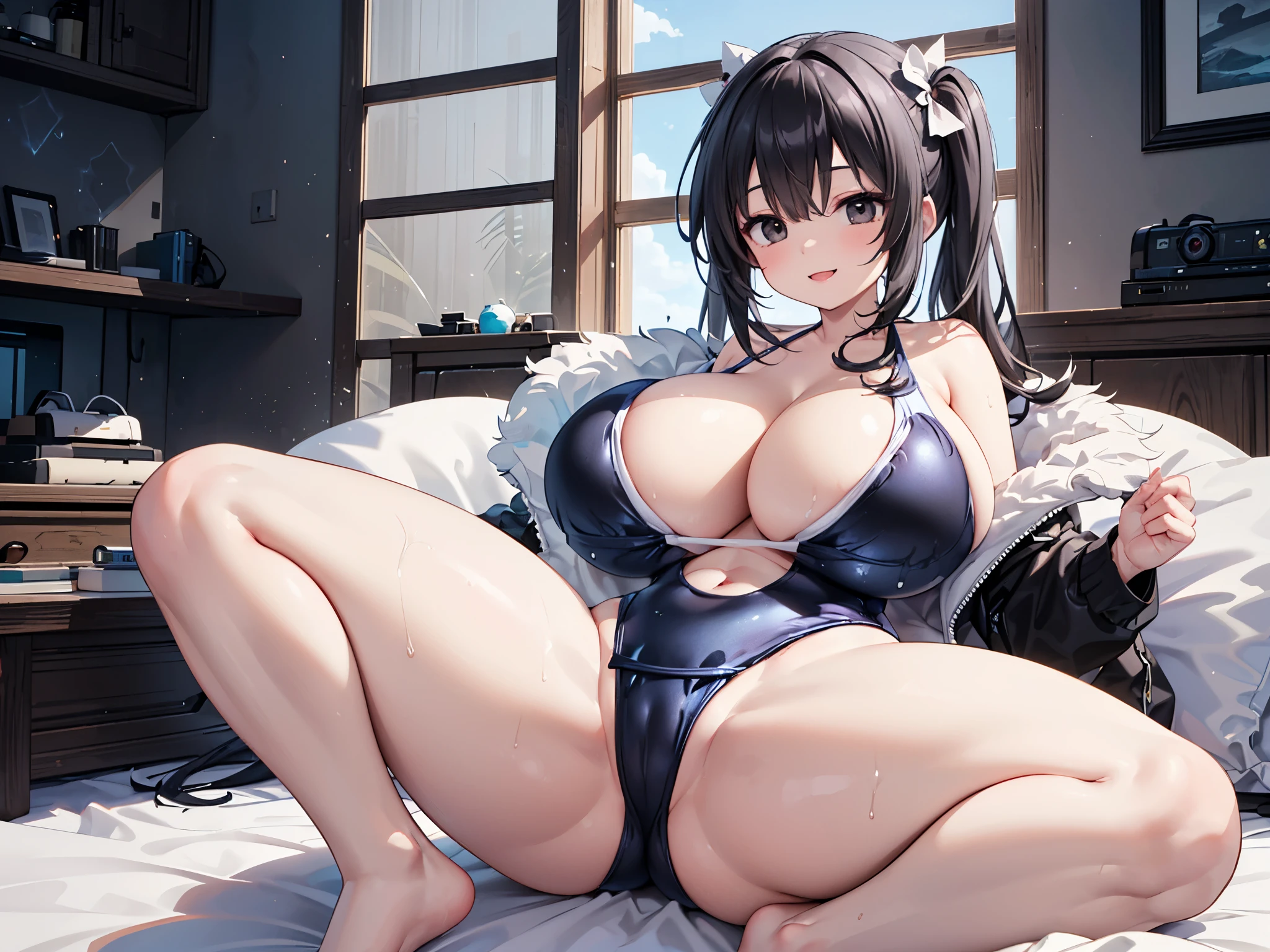 ((cleavage:1.5)),((Wife in swimsuit showing huge breasts:1.8)),(Smiling Beam:1.5), Two people,Highest quality, 4K, masterpiece, Very detailedな, Studio Lighting, Hilarious, Vivid expression,super high quality, Very detailed,Perfect photo,3d,8k,High resolution,Black Hair,(black eye:1.5),Sporty hairstyles,Smooth anime CG art,