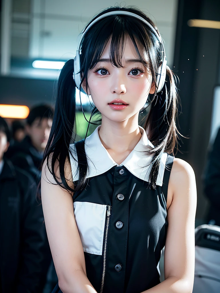 40-year-old Japanese woman、Black Hair、Hair is very short、Twin tails、Hatsune Miku Costume、Headphones、Flat Chest、Realistic photos、Realistic、8K quality、expensive、No bangs、High resolution, Highest quality, Anatomically correct, Winner of numerous awards, Wide-angle shot, Rainbowな背景、Rainbow、Rainbowな飛沫、