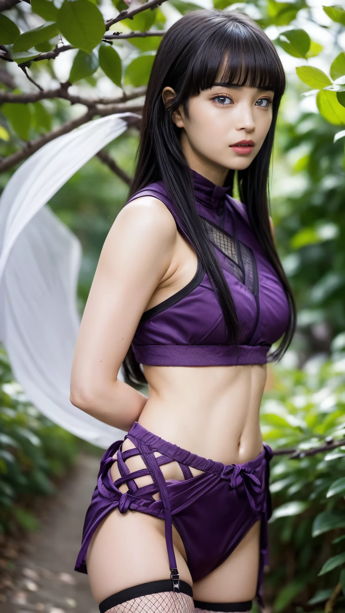 Moisturized skin, (bright gradient eyes), perfect body, adult body, mature,
BREAK,
(beautiful navel), (kunoichi), (ninja), sexy, (kunai), (leather), fishnet, (fishnet stockings: 1.2), (blush), (black clothes), (embarrassed expression: 1.3), (black hot pants: 1.3), bright red lipstick, (ninja clothes: 1.2),
BREAK,
(long silky black purple hair: 1.3), (long ends of bangs: 1.2), (straight bangs: 1.3), (Hyuga Hinata hairstyle),
BREAK,
((masterpiece + highest quality + high resolution + highly detailed)), (full body: 1.2), symmetrical, one shot,
BREAK,
(city street), (Strong wind blowing, leaves fluttering: 1.5),
BREAK,
(Hirose Suzu: 1.4),(Hinata Hinata: 1.3),Elegant, swinging a sword,