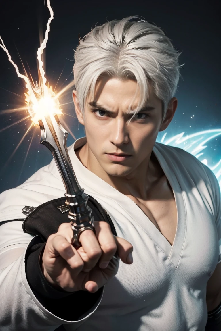 a close up of a man with a white cape and a lightning ball, white haired deity, fit male demon with white horns, artgerm greg rutkowski _ greg, fighting game character, frank cho, character from king of fighters, djinn human hybrid, artgerm and genzoman, as a character in tekken, male djinn man demon hybrid