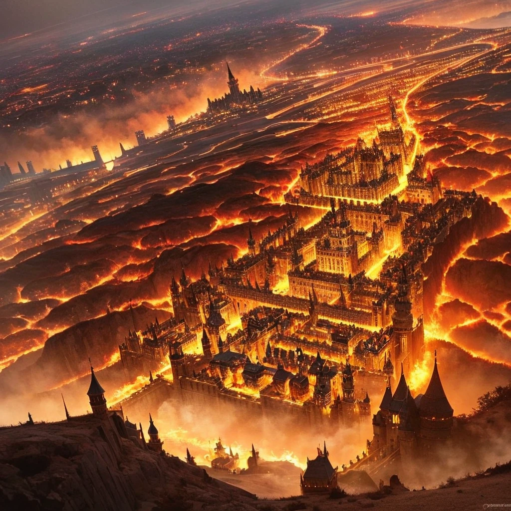 A HUGE kingdom made of Gold, With a giant and menacing Castle in the middle, Red lighting, Crimson red skies, Hellish landscape, Demons walking around, Birds eye view.