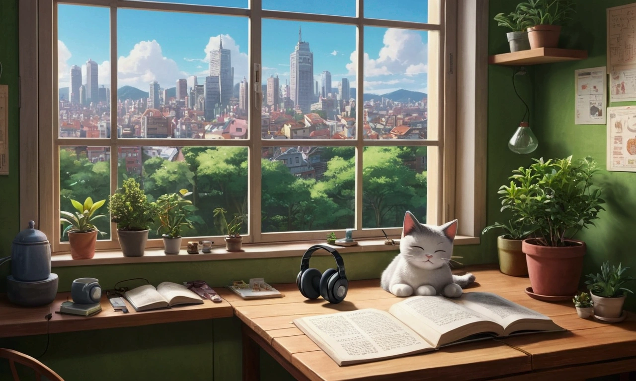 Girl studying at a wooden desk with headphones on. A cat is sleeping next to a wide window. There is a coffee cup on the desk. Study space decorated with potted plants, Warm miscellaneous goods, and stuffed animals. The walls of the room have a green texture. You can see the cityscape at night from the window. Ghibli anime scenery. Ghibli-like depiction.