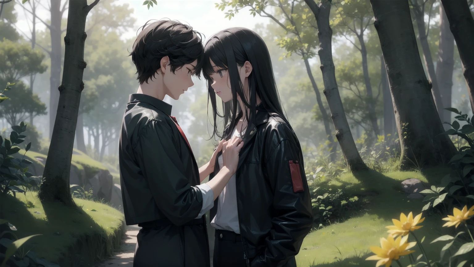 The background is deep in the forest, with colorful flowers, mushrooms and trees.。A shot of the upper body of a male and female duo。The man is wearing a blue bodysuit that only exposes his face, has black hair and has a leaf on his head.。The woman is wearing a red full-body tights that only exposes her face, has yellow-green hair, and has a flower on her head.。They both have cute poses。