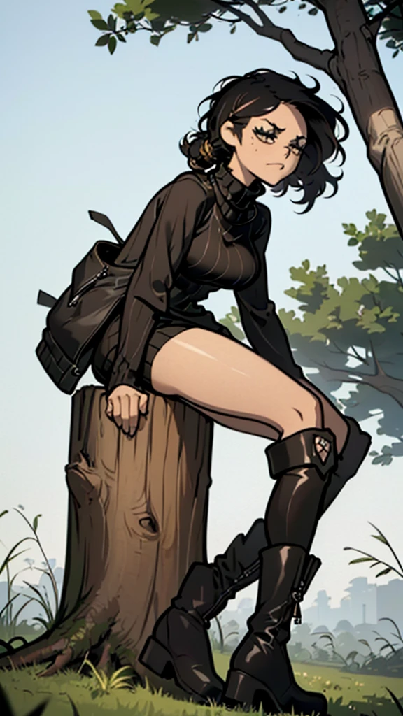 (detailed), (((normal girl))), (Arabic characteristics), ((brown sheepskin jacket)), ((pelo negro rizado free hair)), ((free hair)), (calm face), ((by the width)), ((black high boots)), (((whole body))), ((in the middle of a field leaning on a tree), ((woman)), (black turtleneck sweater), ((only one person)), (at midday)