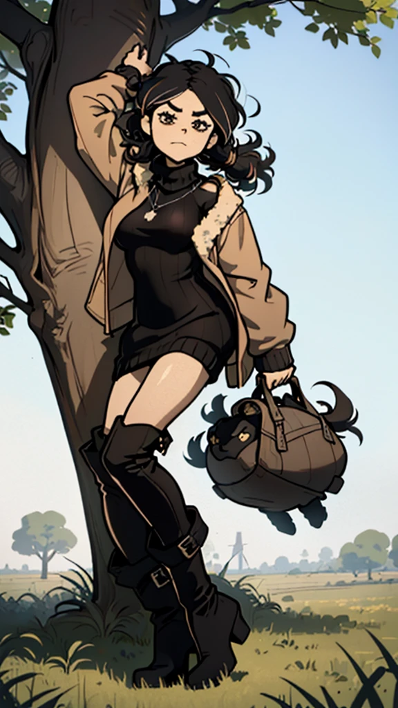 (detailed), (((normal girl))), (Arabic characteristics), ((brown sheepskin jacket)), ((pelo negro rizado free hair)), ((free hair)), (calm face), ((by the width)), ((black high boots)), (((whole body))), ((in the middle of a field leaning on a tree), ((woman)), (black turtleneck sweater), ((only one person)), (at midday)