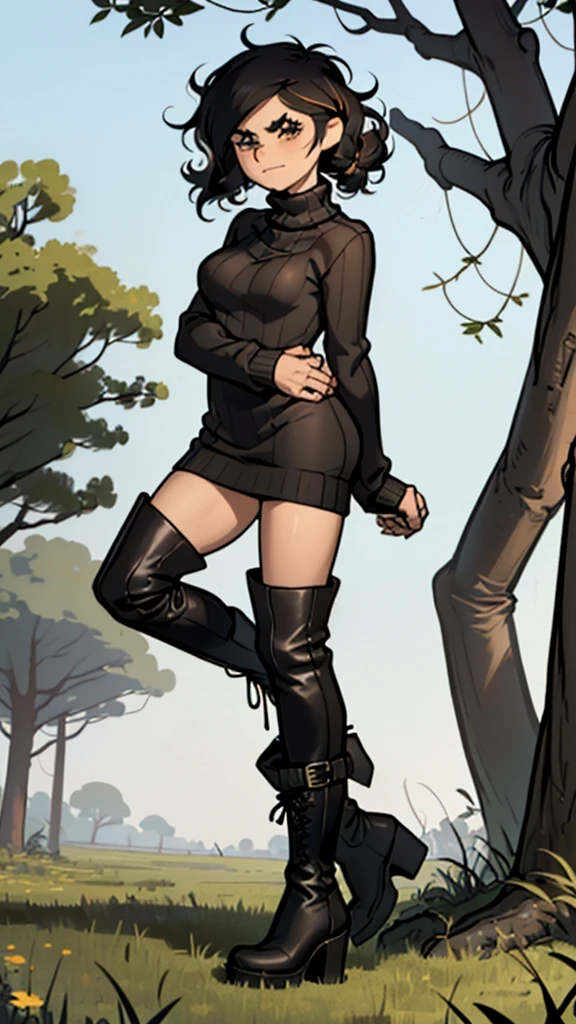 (detailed), (((normal girl))), (Arabic characteristics), ((brown sheepskin jacket)), ((pelo negro rizado free hair)), ((free hair)), (calm face), ((by the width)), ((black high boots)), (((whole body))), ((in the middle of a field leaning on a tree), ((woman)), (black turtleneck sweater), ((only one person)), (at midday)