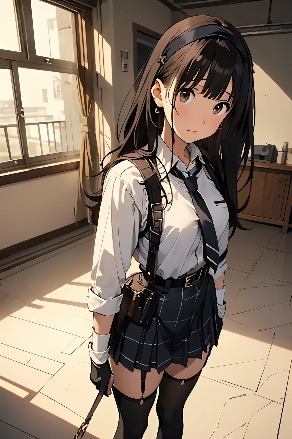 1 female, , high quality, masterpiece, Ultra-high resolution, , Cinema Lighting, , , And the suspenders with the cranes flying Moderate breasts Large Breasts Small face holster Lying in bed Looking up Sweat belt summer 脇Sweat Black Hole Gloves suit garterbelt Leg Links ズボンにbelt holster Hands behind your back Anxious expression Looking up Anxious face Knee-high Knee socks Knee-highソックス garterbelt garter ふとももにgarterbelt Checkered mini skirt Necktie Headband ribbon