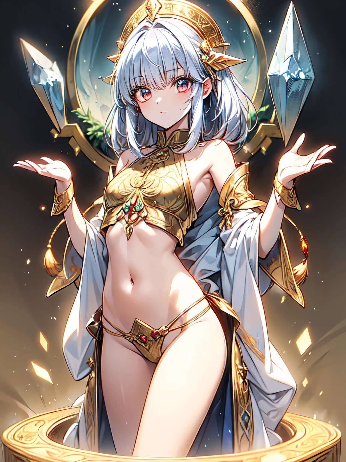 (crystal artifact), (metallic accessory), dancing(ethnic priestess), (gold embroidered garment), (sharp thong), narrow constricted waist, small hips, (dark color)eyes(highlights), slender legs, fantasy, mythical altar, (engraved stone)