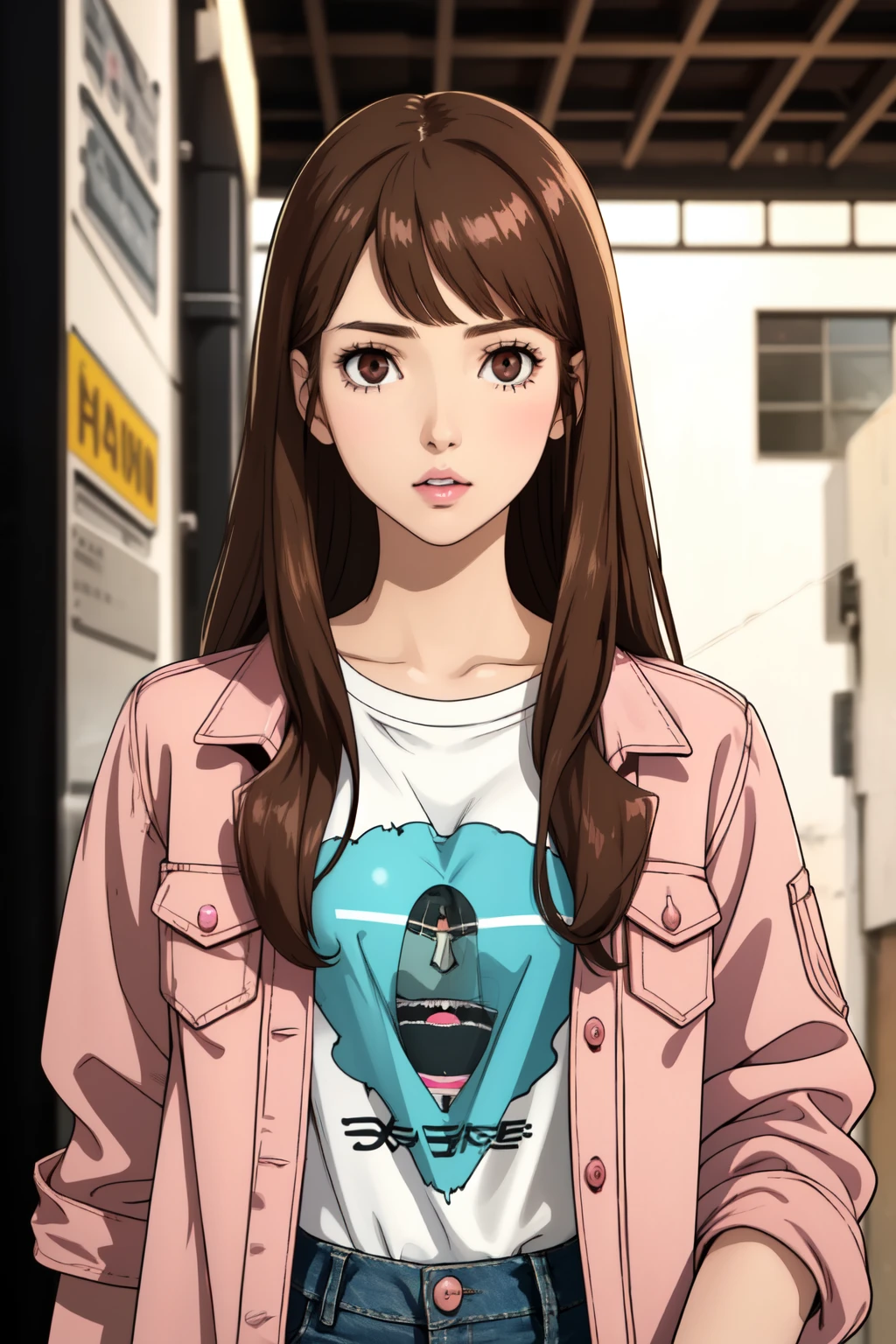 Girl, long straight brown hair, brown eyes, sharp features, white skin, pink lips, perfect look, t-shirt, denim jacket
