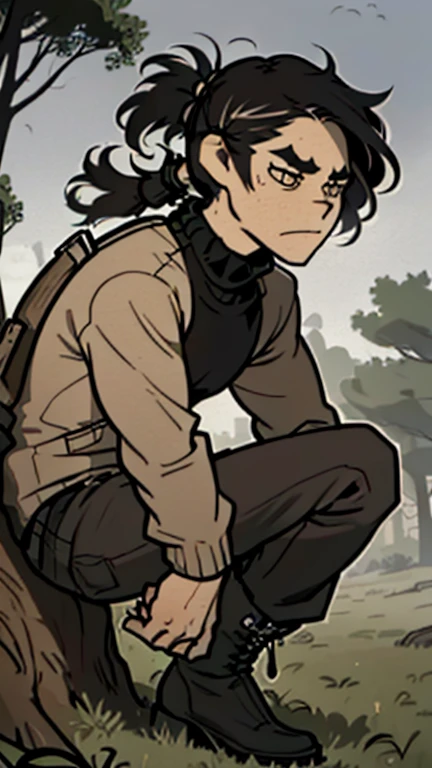 (detailed), (((normal guy))), (Arabic characteristics), ((brown sheepskin jacket)), ((pelo negro rizado ponytail hairstyle)), ((ponytail hairstyle)), (calm face), ((by the width)), ((black high boots)), (((whole body))), ((in the middle of a field leaning on a tree), ((male)), (black turtleneck sweater), ((only one person)), (at night)