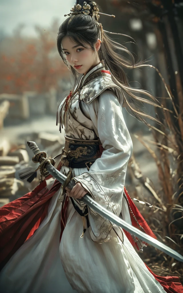 (dramatic, Perseverance, intense:1.4),masterpiece, best quality, 8K, Crazy details, Intricate details, Ultra Detailed, Ultra-high quality, High Detail, Extremely detailed, masterpiece,
1 Girl,Solitary, Hanfu,skirt,Red belt,Jewelry,wind,Long sleeve,Long hair, Hair accessories,tassel,Female knight holding a weapon, sword,
Looking at the audience&#39;s reality bamboo forest Chinese architecture

