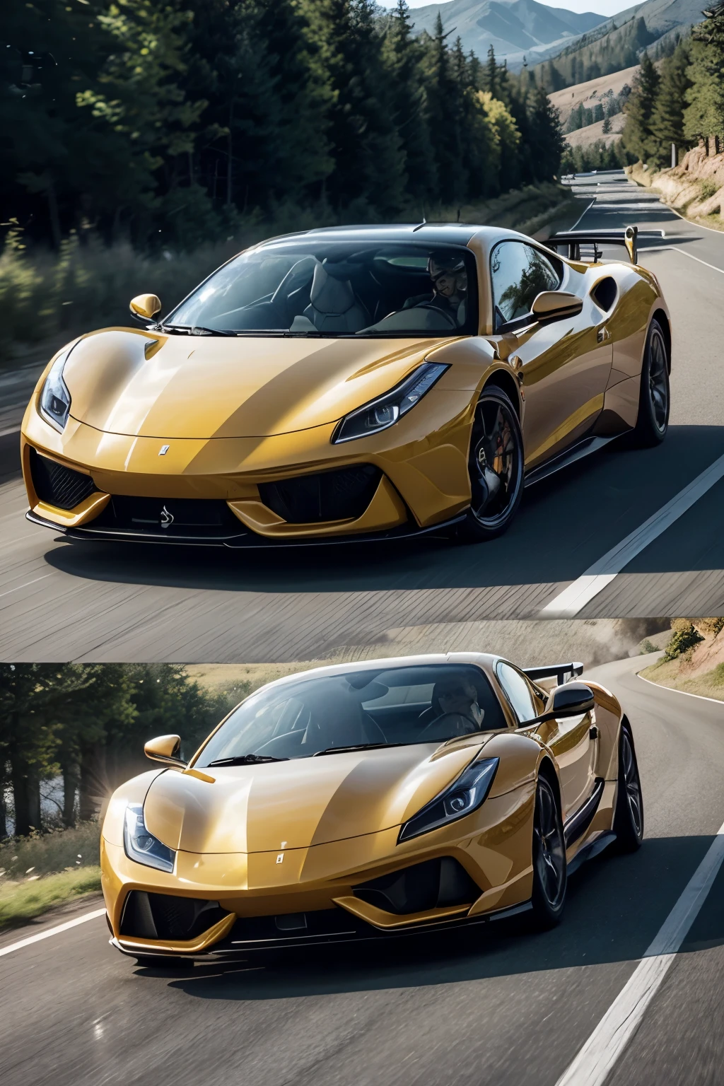 A sleek, high-performance Ferrari speeds down a winding road. Its metallic body shines brightly in the sunlight as it faces a sharp curve, kicking up a cloud of dust and debris. The driver holds the steering wheel tightly, his face focused and determined, with palpable emotion in his eyes. Inside, the instrument panel displays essential information, with precise displays and warning lights that flash occasionally, highlighting the vehicle's advanced technology. The passenger seat is empty, the windows are closed, and the windshield reflects the surrounding landscape. In the background, trees, hills and a clear blue sky form a blurred scene. The scene, captured from a low angle, conveys an intense sense of movement and energy, with a warm, sunny color palette of orange, yellow and red, accentuating the speed and power of the car.