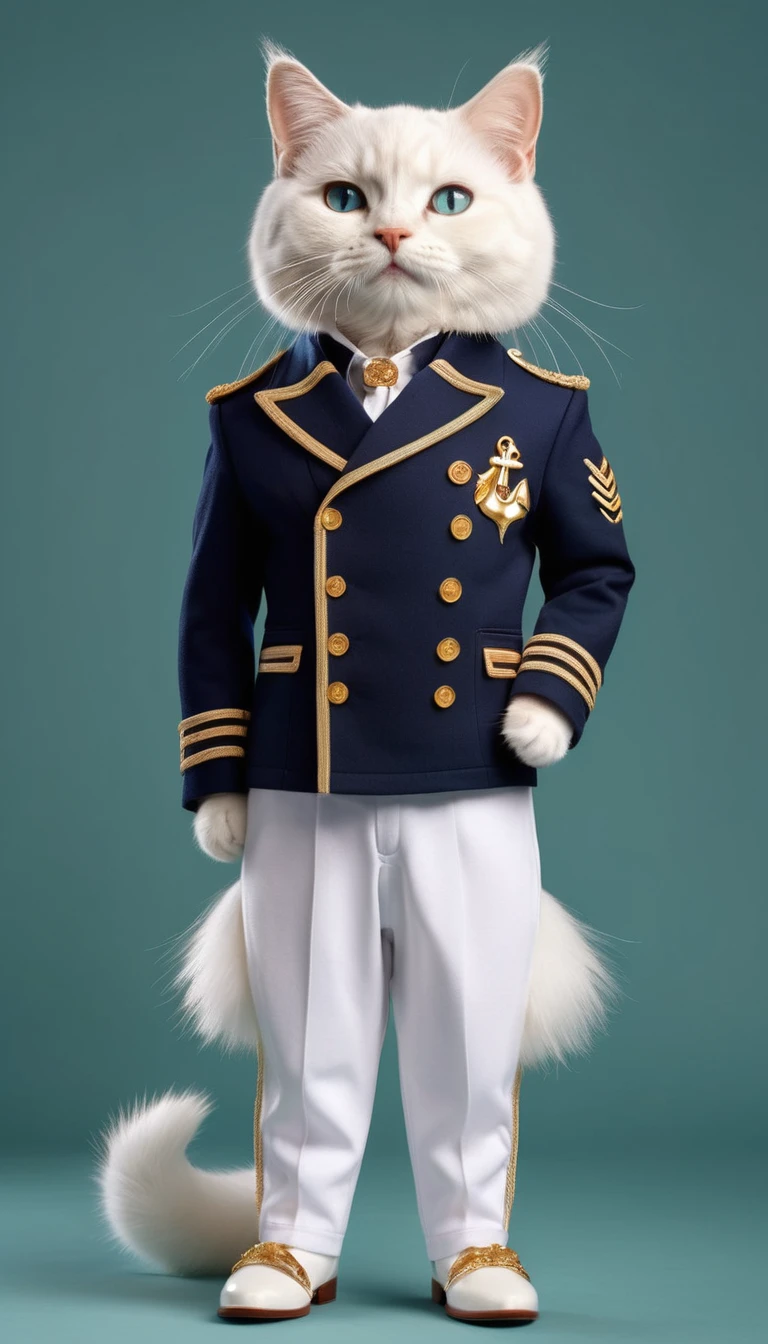 Plush white fluffy , like an ermine, Sailor Cat,   Stands on its hind legs, full length, in full white naval uniform, The double-breasted jacket is fastened on the front side with 6 rows of 2 buttons each with a gold-colored anchor., decorated with anchor buttonholes, White pants, boots, white cap on head with blue ribbons, There is no offer,  The lower part is decorated with three rows of gold braid. Classic trousers with arrows, ankle length and zip fastening.
blue doll eyes with big eyelashes, smiles with his mouth open, with my paws spread out to the sides, 3D стиль, 8k , 4K, HD, Pure green background,  
The formal naval suit consists of a jacket and trousers made of beige wool blend fabric.
