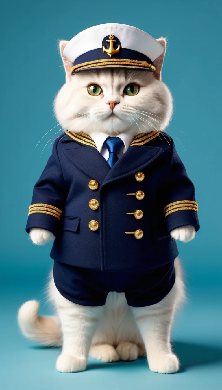 Plush white fluffy , like an ermine, Sailor Cat,   Stands on its hind legs, full length, in full white naval uniform, The double-breasted jacket is fastened on the front side with 6 rows of 2 buttons each with a gold-colored anchor., decorated with anchor buttonholes, White pants, boots, white cap on head with blue ribbons, There is no offer,  The lower part is decorated with three rows of gold braid. Classic trousers with arrows, ankle length and zip fastening.
blue doll eyes with big eyelashes, smiles with his mouth open, with my paws spread out to the sides, 3D стиль, 8k , 4K, HD, Pure green background,  
The formal naval suit consists of a jacket and trousers made of beige wool blend fabric.
