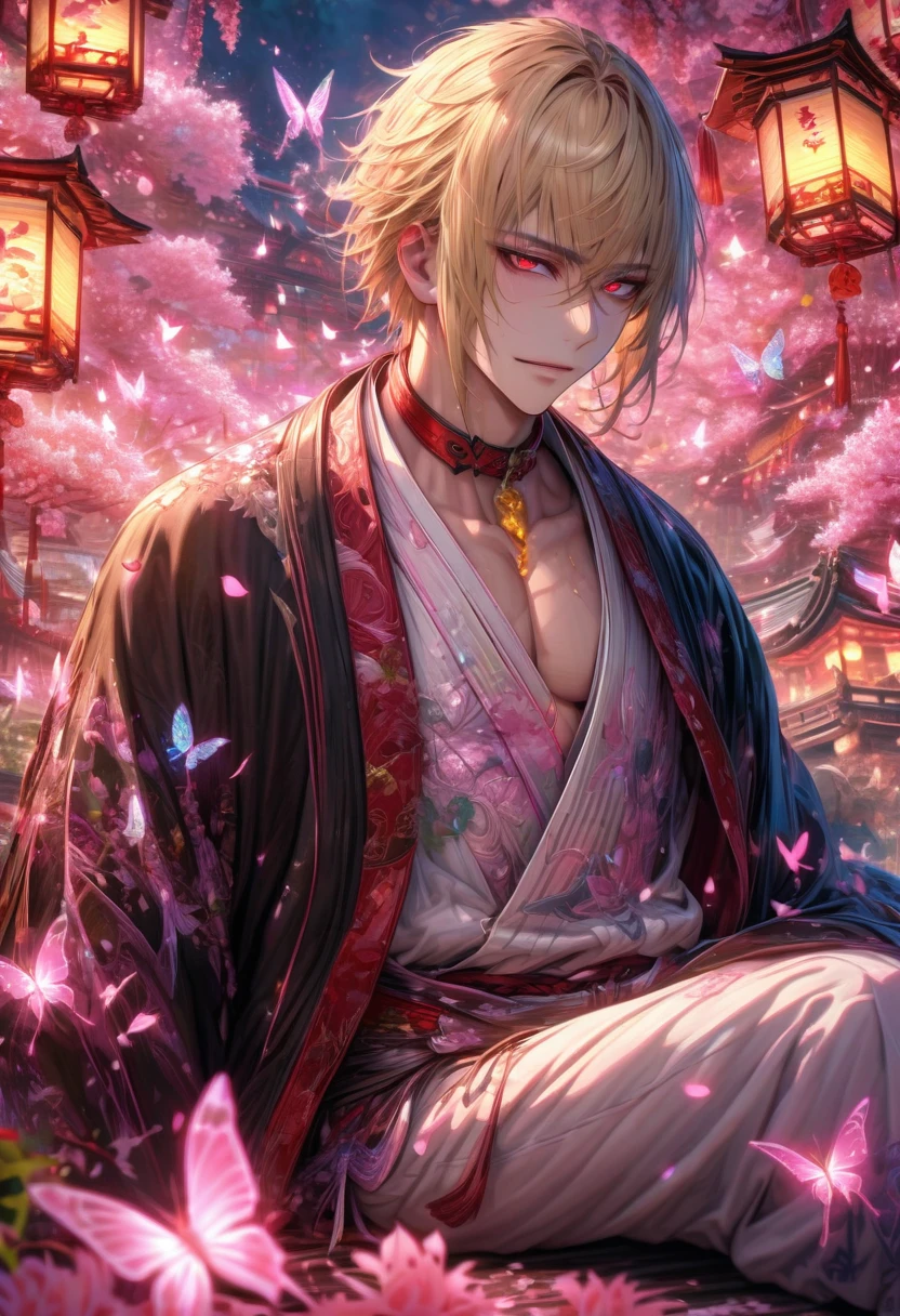 absurd resolution, high resolution, ultra detailed, detailed eyes, extremely detailed, HDR, 8K, Kazama Chikage, honey blonde hair, expressive red eyes, Hakuouki, solo, sexy man sitting, handsome, black haori, white kimono, red collar, fantasy, cool, magical, pink glittering butterflies, pink dust flying around, pink spider lilies, pink petals, pink lanterns, Japanese ambiance, cherry blossoms