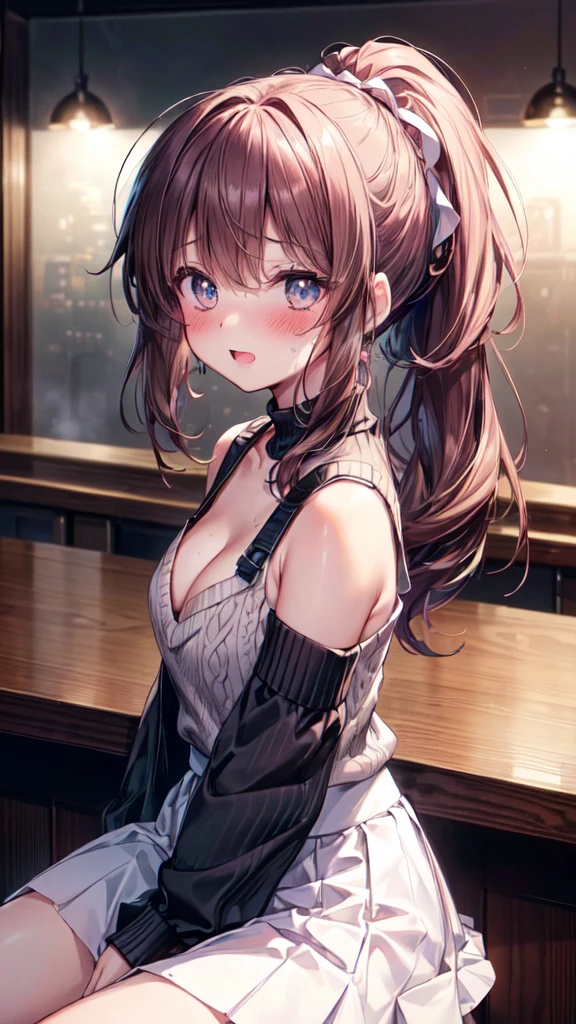 (Ultra-high resolution of the highest quality, masutepiece, Best Quality, 8K, Super Detail, Best Quality:1.3), (Anatomically correct:1.3), (1 Girl), (small breasts), (looks like :1.6), (blush face:1.6), (short black wavy hair), (ponytail), ribbon, hair over eyes, (drooping eyes), (white sweater, long skirt:1.5), (dead drunk:1.6), (beautiful hair, beautiful eyes, beautiful face), (smile), (drunkard face focus, ear focus, clavicle focus, breasts cleavage focus), sitting, (from side), (from above), bar counter table, night city view, open mouth, steam, upper body shot