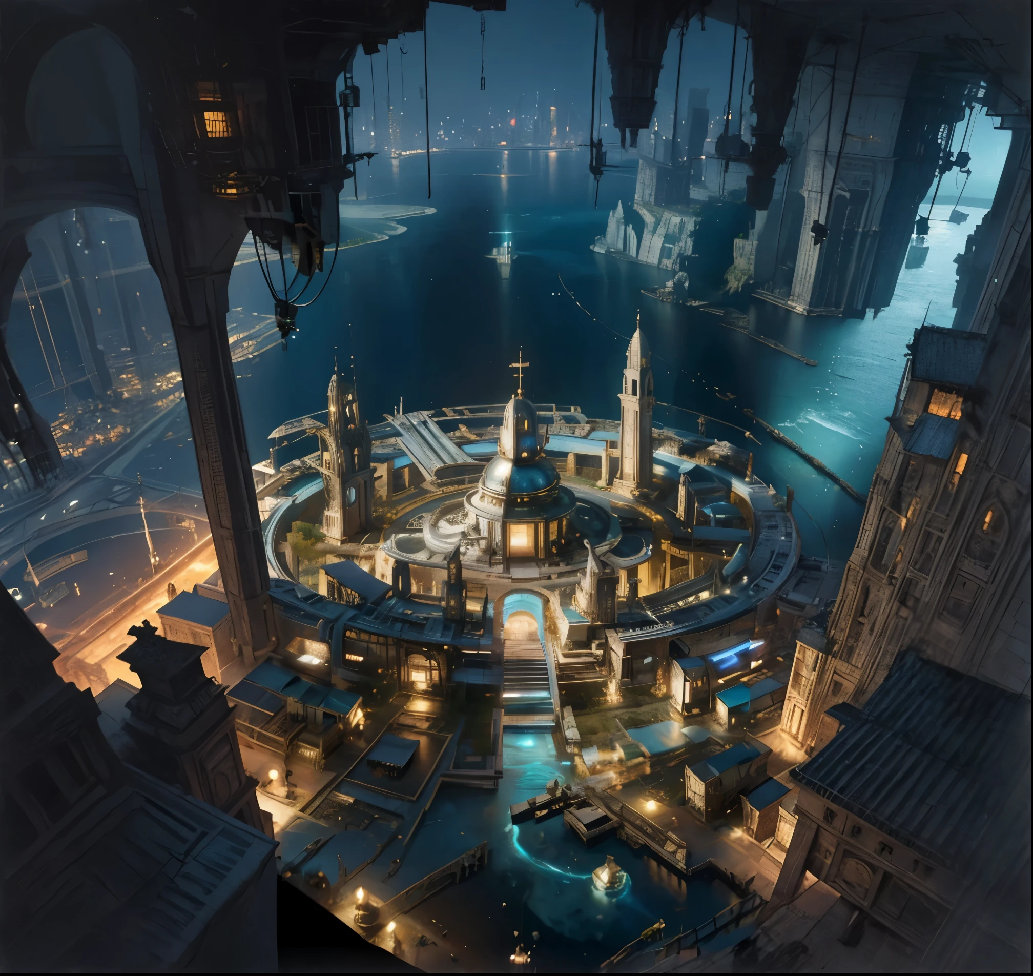 An enchanting scene of an underwater city at the bottom of a lake, viewed from above, The city features ancient ruins with a blend of mechanical and architectural designs, It is a photorealistic, high-resolution masterpiece captured at night with a black background, showcasing the best quality, mpressive panoramas, aerial view reveals a mesmerizing play of light and shadows, creating a fantastical atmosphere under the lake, aerial view, gigantic scale, extreme wide shot, overhead shot