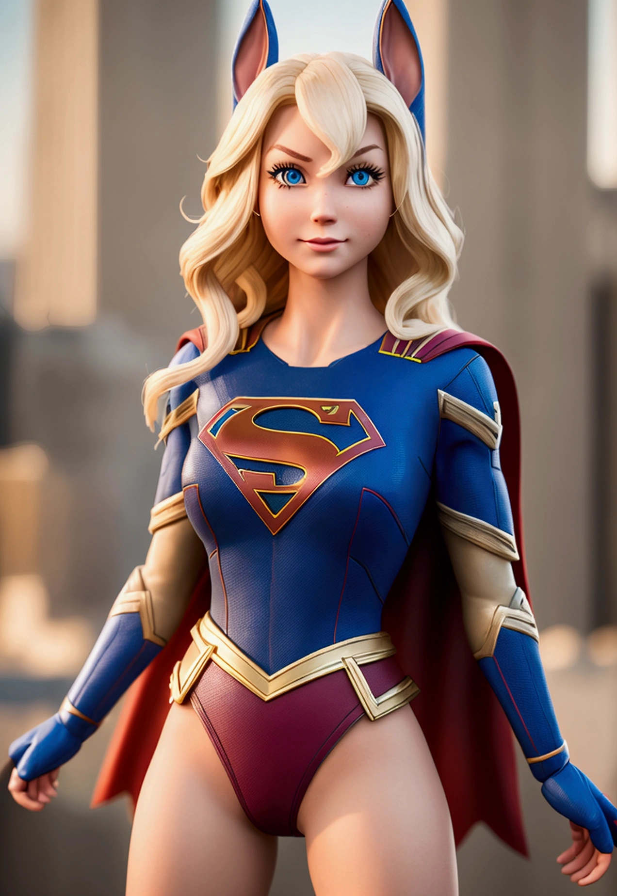 realistic, gorgeous blonde,(Bugs Bunny) , datailed, alurring eyes, (full entire body) , wearing supergirl costume,supergirl dc, ((city)) , storm, best quality masterpiece , photorealistic , deatailed , 8k, HDR, shallow depth of field,broad light, high contrast, backlighting, light sparkles, chromatic aberration, sharp focus, RAW color photo, small head.