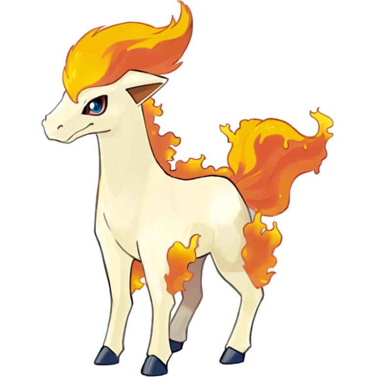 a close up of a cartoon horse with a fire mane, fire type, ninetales, melting into vulpix, fire and flames mane, new pokemon, the fox-like evolution pokemon, fire!! full body, firey, amazing, charizard dog hybrid animal, often described as flame-like, style of pokemon, shiny!!, similar to pokemon