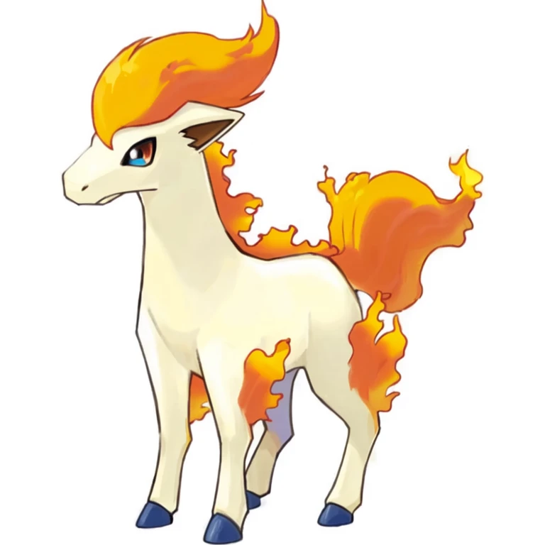 a close up of a cartoon horse with a fire mane, fire type, ninetales, melting into vulpix, fire and flames mane, new pokemon, the fox-like evolution pokemon, fire!! full body, firey, amazing, charizard dog hybrid animal, often described as flame-like, style of pokemon, shiny!!, similar to pokemon