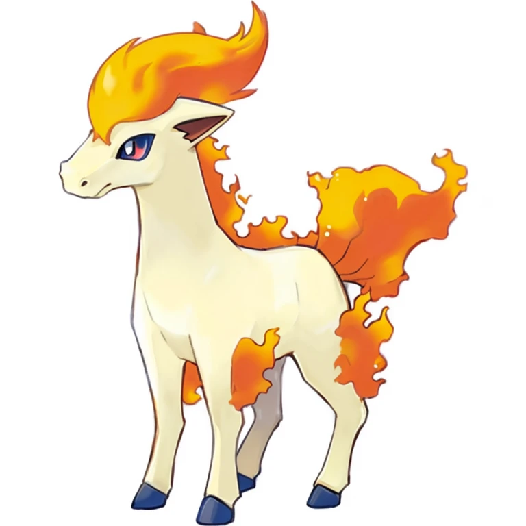 a close up of a cartoon horse with a fire mane, fire type, ninetales, melting into vulpix, fire and flames mane, new pokemon, the fox-like evolution pokemon, fire!! full body, firey, amazing, charizard dog hybrid animal, often described as flame-like, style of pokemon, shiny!!, similar to pokemon