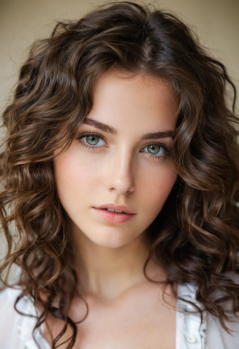 Pretty beautiful brunette, Low cut, very detailed, 18 ans, visage innocent, naturally wavy hair, yeux verts, high resolution, Boss of'ouvrages d'art, best quality, intricate details, very detailed, mise au point nette, detailed skin, texture de peau realistic, texture, detailed eyes, professionnel, 4K, charming smile, prise avec Canon, 85 millimeters, slight depth of field, kodak vision color, corps parfaitement ajusté, extremely detailed, Photograph_\(ultra\), photographiquerealistic, realistic, Post-traitement, maximum details, roughness, real life, ultrarealistic, photorealism, photographie, 8k uh, photographie