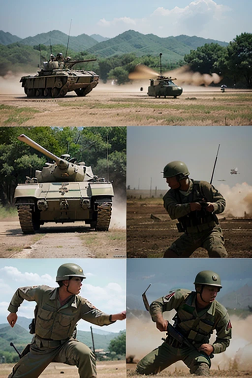 A collage of action shots from the Korean and Vietnam Wars, featuring soldiers in combat, tanks, and helicopters.