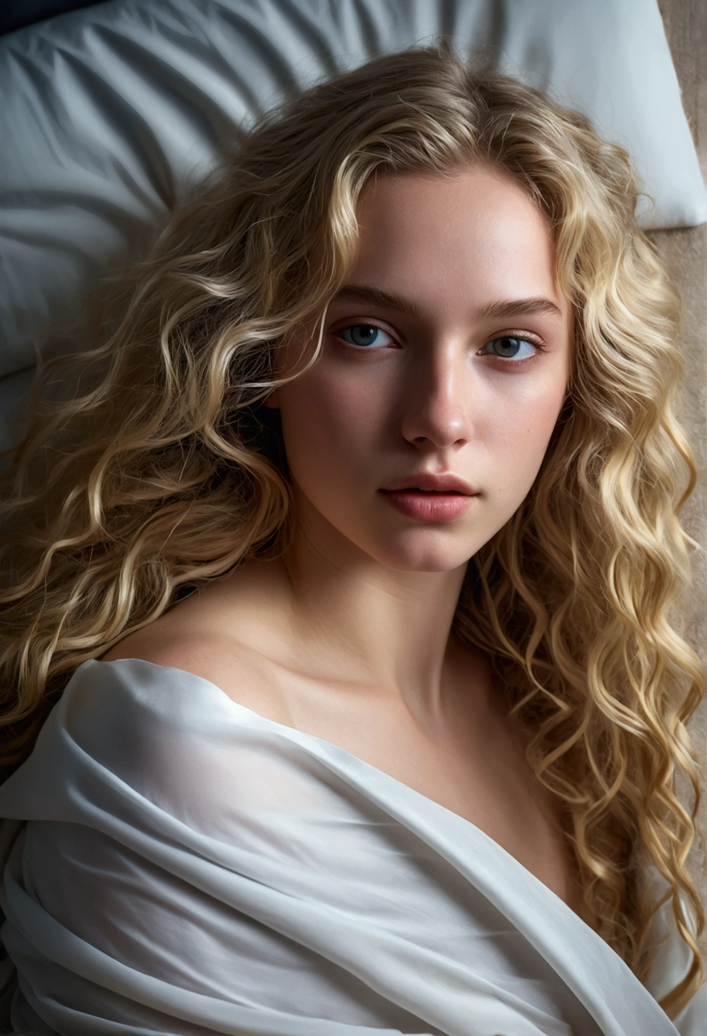 Photo of a 20-year-old European girl, raw, Beautiful woman, (Extra long wavy blonde hair), ((Portrait)), ((Detailed face:1.2)), ((detailed facial features)), (finely detailed skin), pale skin, , wrapped in a sheet, Bedroom environment, lying on the bed, (cold color), moist, moist, Reflectors, (masutepiece) (perfectly proportions)(photos realistic)(Best Quality) (Detailed) photographed in a Canon EOS R5, 50mm Lens, F/2.8, nffsw, (8K) (Wallpaper) (Cinematic lighting) (Dramatic Lighting) (foco nítido) (Convoluted) Fashion, From  above