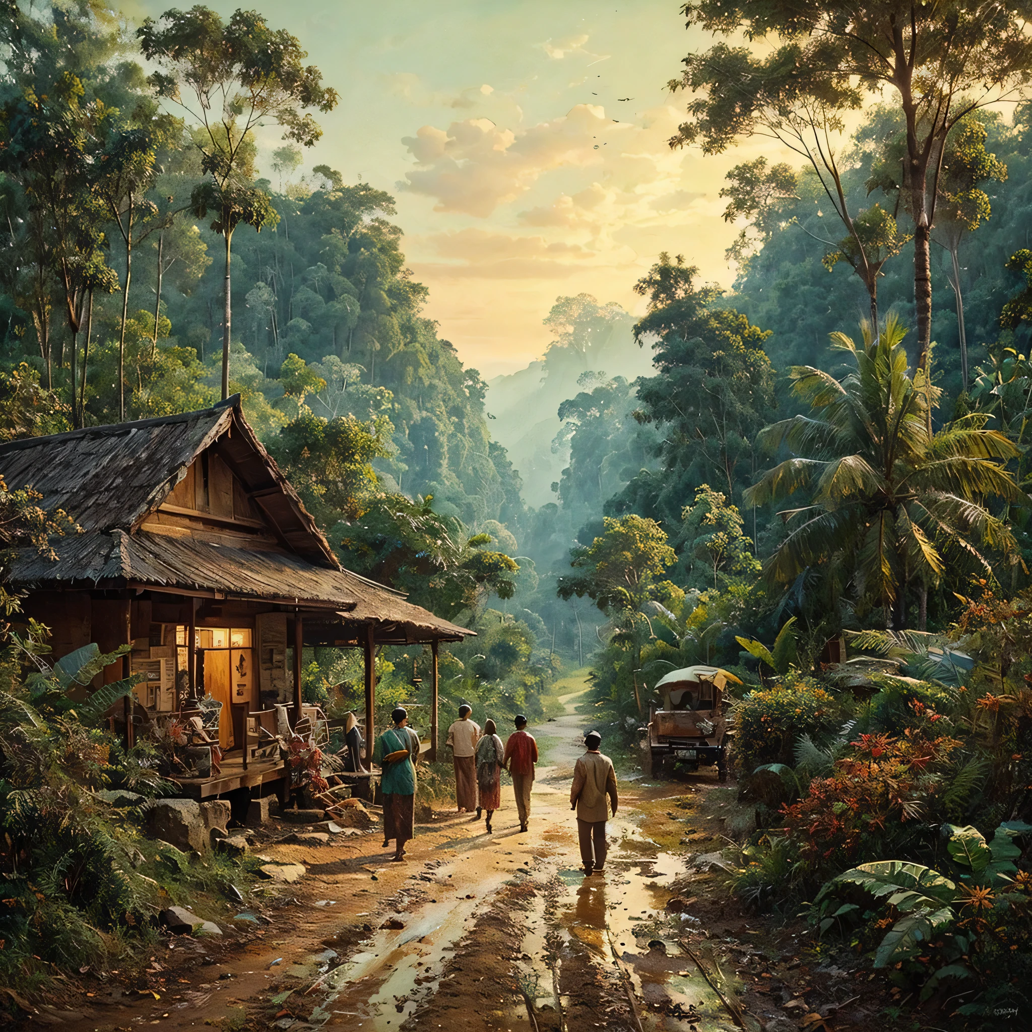Oil paint splattered era 1960, a view, dirt road junction, There is an open house without a room where 2 people are chatting in the house, There was a man who was walking behind him, there was a woman, samping kanan kiri forest rapat borneo, there is a mountain background, forest, coconut tree, and trees, there is bush grass, ferns plant,very dark night,naturalism,Realism,very dull canvas,basuki abdullah style,Oil paint splashes are intuitive