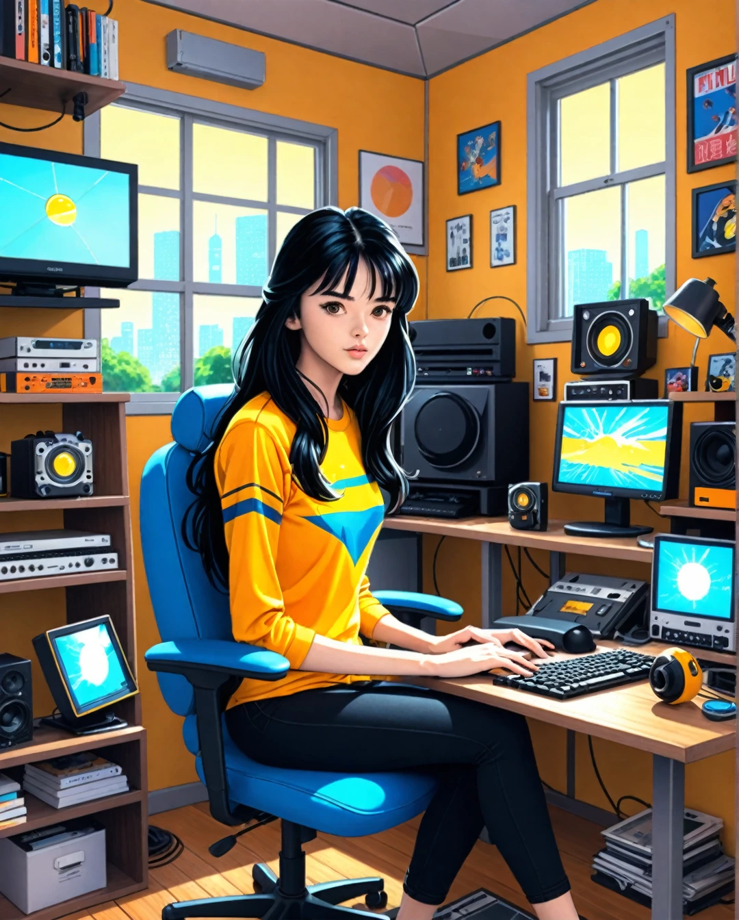 Anime-style digital illustration with a female character with long black hair. She has light skin and impressive golden eyes. Looking closely at the computer, the character wears a long-sleeved T-shirt and a pair of jeans and is sitting in his gamer chair in his room well decorated with retro references and a window with its wet rain glass