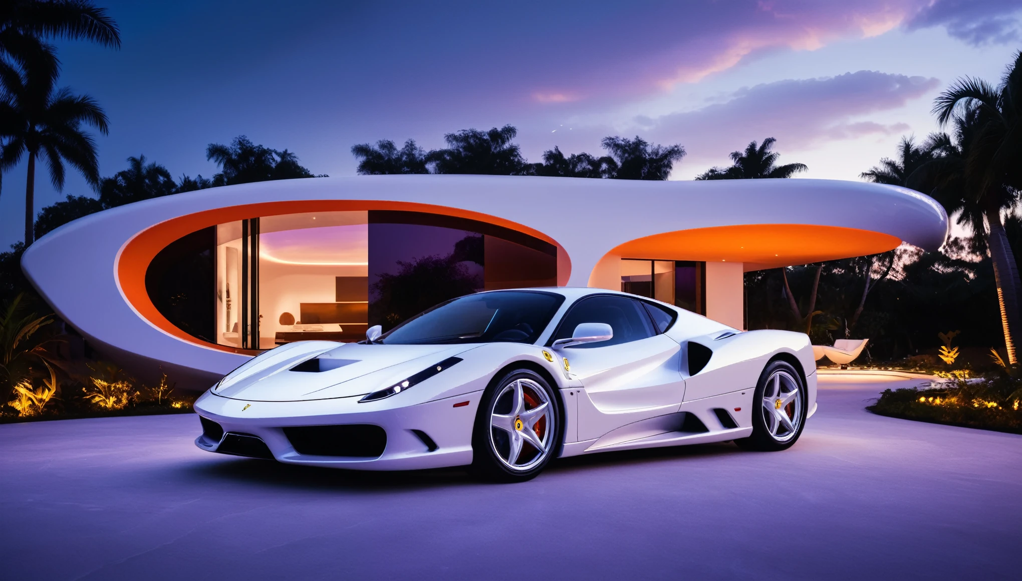 a futuristic house with a white Ferrari testarossa parked in front of it, cgsocietywlop, beautiful curves, intricate devilish designs, qualia, interesting shapes & form, wow factor, elaborate polished, architectural rendering, miami, bioluminescent, colorfull, glow fluid, purple and orange soft lighting in interior of house, futuristic battlefield, inspired by James E. Brewton, precise architectural rendering