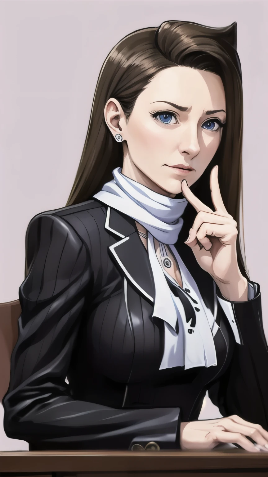 (Raise a finger),behind the desk, white gloves, thinking, mia_fey black_uniform brown_scarf serious (in the court), extremly detailed