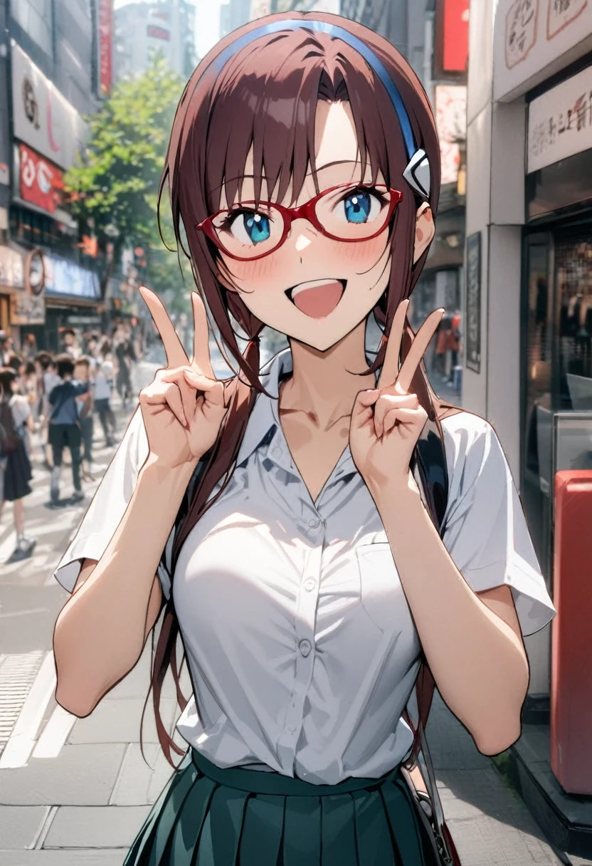 1girl, makinami mari illustrious,student,glasses, neon genesis evangelion,  ,white collared shirt,shortsleeves,pleats skirt,three fingers up,prank smile,in the shibuya,dating with compensation (payments, financial support, etc.),masterpiece, best quality, absurdres,