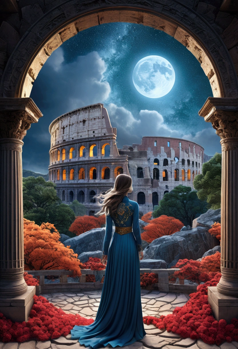 (masterpiece, figure, Highest quality, detailed,High resolution:1.4), In the distance, colorful, Vibrant, wealthy, Volumetric lighting, Contrast, , From afar, Depth of written boundary , scenery, Landscape painting, Concept Art, Intricate details, Stylized, , Cloudy, Moonlit night starry sky, Fantasy, Cities of the ancient kingdom [Colosseum,sacred,cathedral] scenery, snow, waterfall, , Blooming tree々、Grass、flower ,  Rocky Mountains and forest snow in the background ,    , (Fantasy魔法:1.4)  Official Art, unity 8k wallpaper, Super detailed, beautifully、aesthetic, masterpiece, Highest quality, (zentangle, mandala, Tangle, enTangle), (fractal art:1.3) , One girl, Red flower, Very detailed, Dynamic Angle, Cowboy Shot, The most beautiful form of chaos, elegant, Brutalist design, Vibrant colors, Romanticism, James Jean, Robbie Dowie Anton, ross tran, francis bacon, It was freezing cold, adrian&#39;s genius, Petra Cortright, gerhard richter, takato yamamoto, Ashley Wood, Atmospheric optical illusion