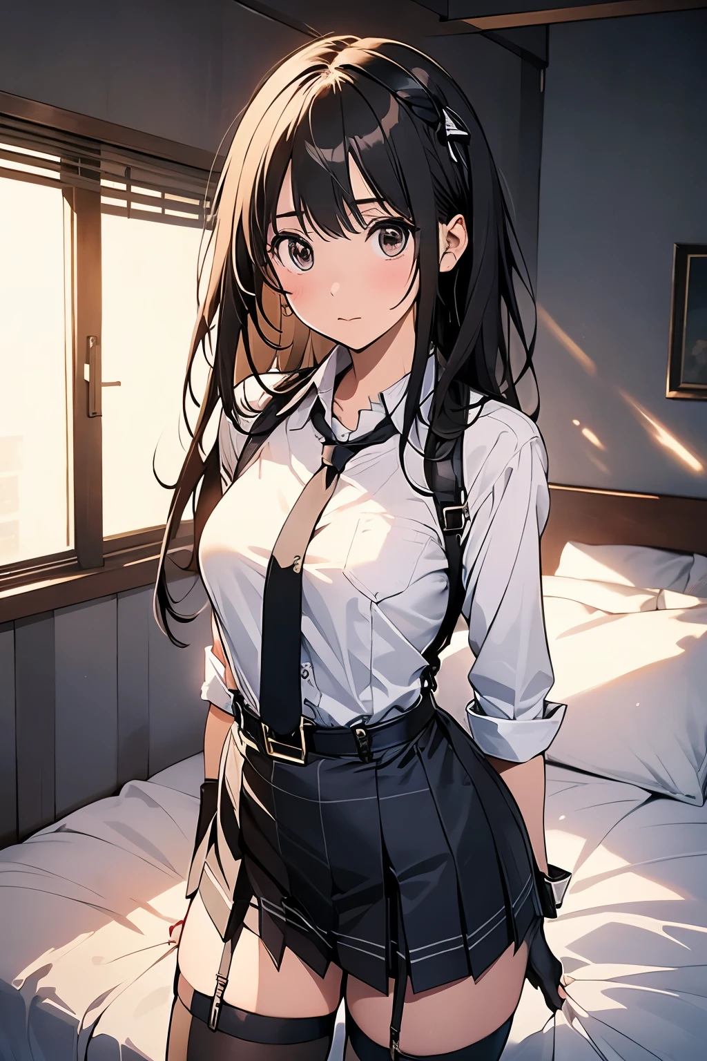 1 female, , high quality, masterpiece, Ultra-high resolution, , Cinema Lighting, , , And the suspenders with the cranes flying　　　Moderate breasts　 　 　　　　Large Breasts　 　 　　　　Small face　 　　　holster　　　　　　　 Lying in bed　Looking up　　　　Sweat 　　　belt　summer　脇Sweat 　Black Hole Gloves　suit　　　　 　garterbelt　Leg Links　ズボンにbelt　　holster　 　　Hands behind your back　 Anxious expression　Looking up　Anxious face　Knee-high　Knee socks　Knee-highソックス garterbelt　garter　ふとももにgarterbelt　Checkered mini skirt　Necktie Headband　ribbon